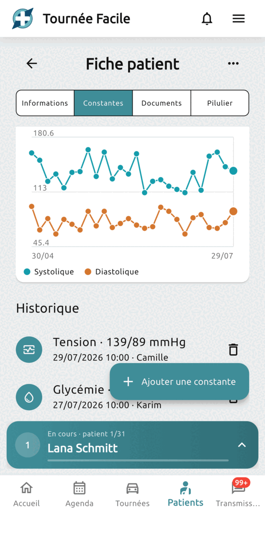 Onglet Constantes : la courbe de tension systolique et diastolique sur trois mois, et l'historique horodaté