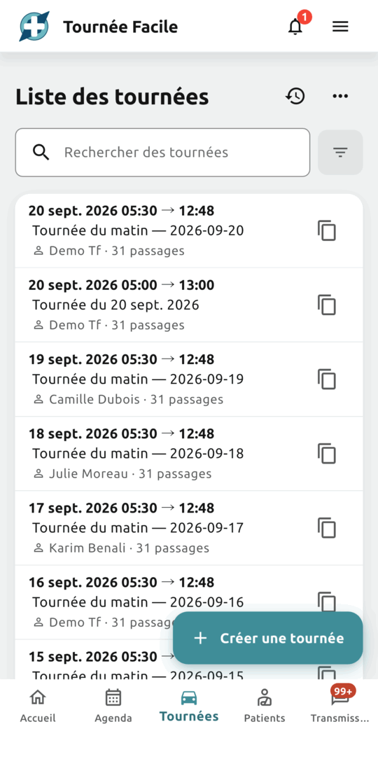 Liste des tournées du cabinet, chacune avec ses dates et le nom de la soignante à qui elle est affectée