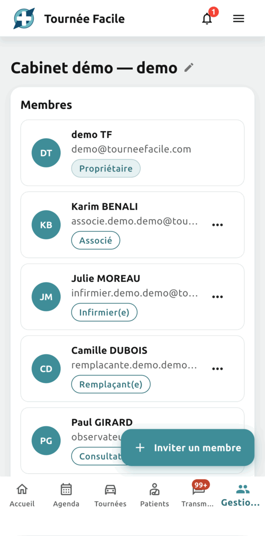 Gestion du cabinet : la liste des membres avec leur rôle — propriétaire, associé, infirmière, remplaçante
