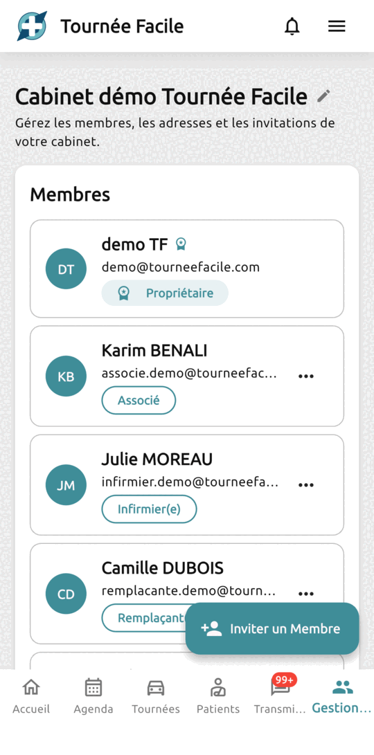 Gestion du cabinet : la liste des membres avec leur rôle — propriétaire, associé, infirmière, remplaçante
