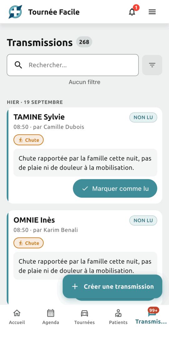 Transmissions arrivées pendant la tournée, marquées « non lu », avec le bouton pour les acquitter