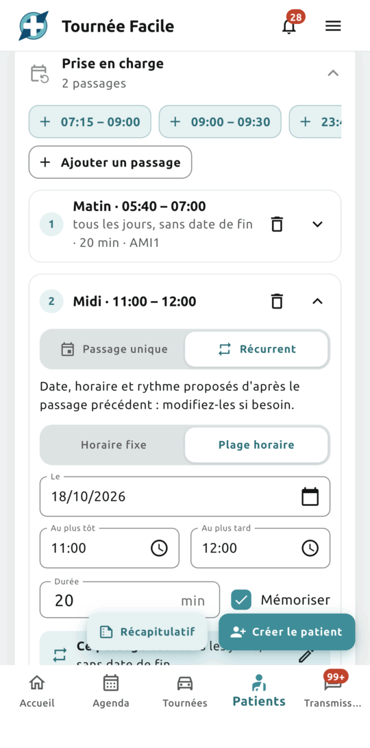 Formulaire de création d’un patient, bloc Prise en charge : deux passages, le matin entre 5 h 40 et 7 h replié en une ligne, et le midi entre 11 h et 12 h ouvert, récurrent, en plage horaire, 20 minutes