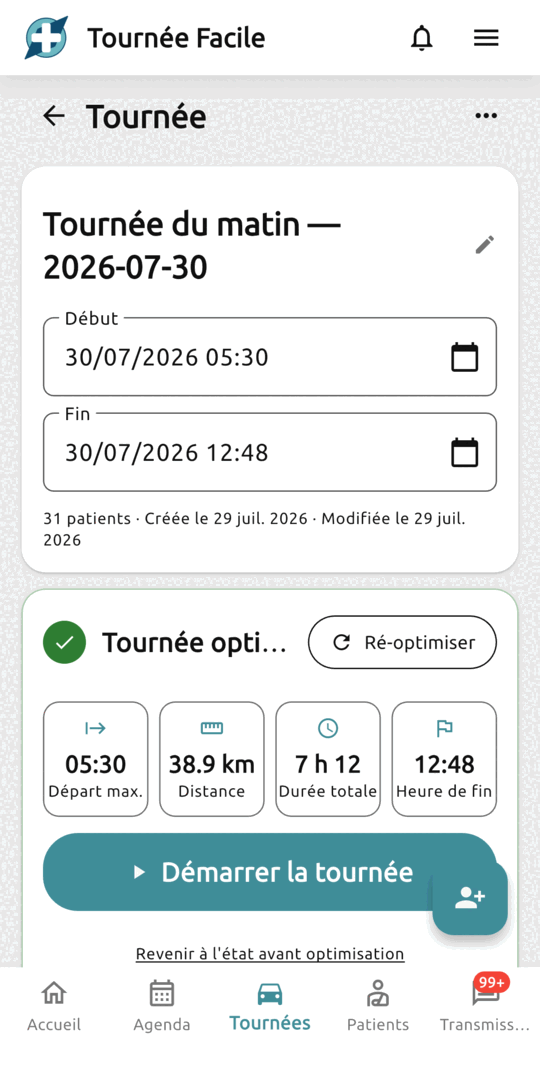 Détail d'une tournée optimisée : 38,9 km, 7 h 12 de durée totale, heure de fin calculée et bouton de ré-optimisation