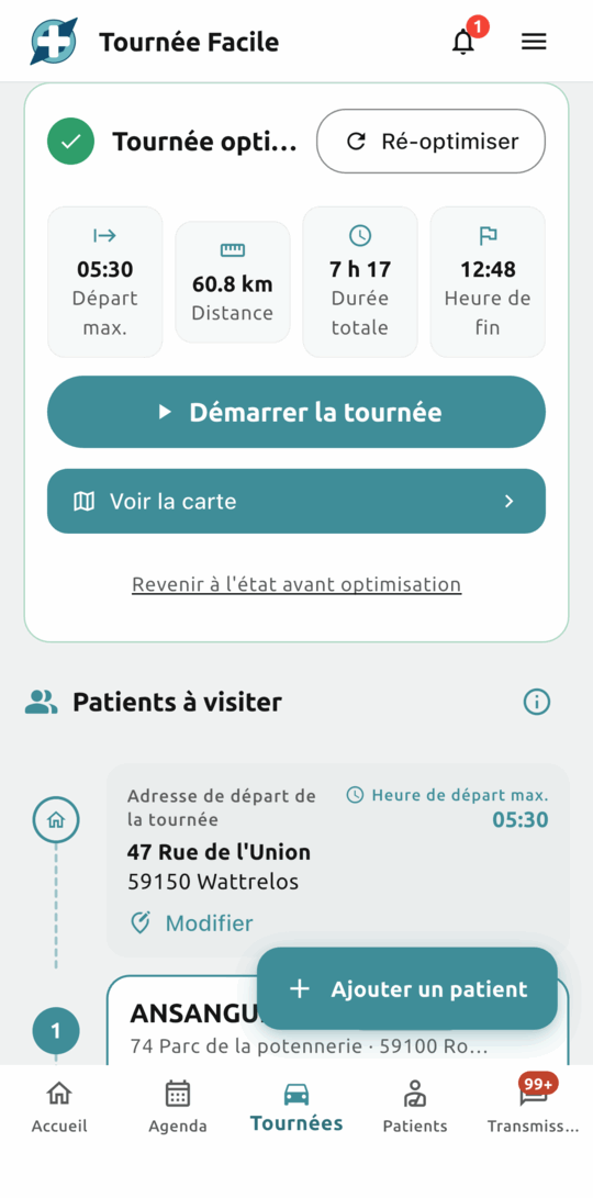 Récapitulatif d’une tournée optimisée : heure de départ maximale, distance, durée totale et heure de fin