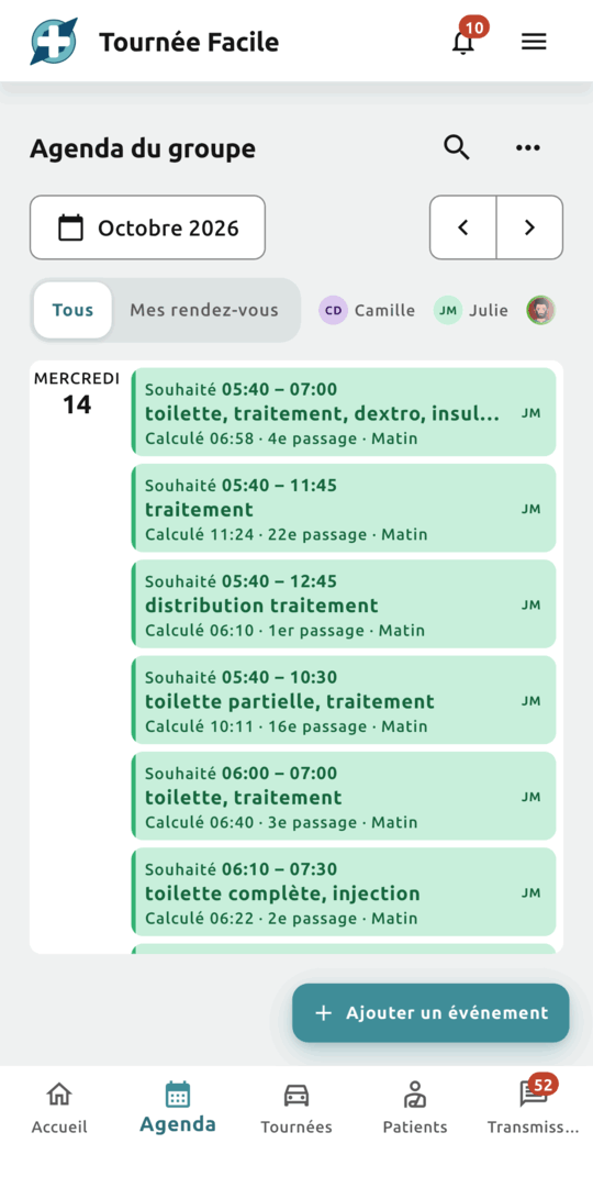 Agenda du cabinet en vue liste : les rendez-vous du mercredi 14 octobre, avec la plage souhaitée, les soins, l’heure calculée et le rang dans la tournée, à la couleur de Julie
