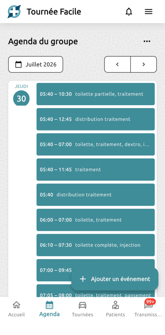 Agenda en vue liste : les soins du jour empilés dans l'ordre des heures, chacun avec son créneau