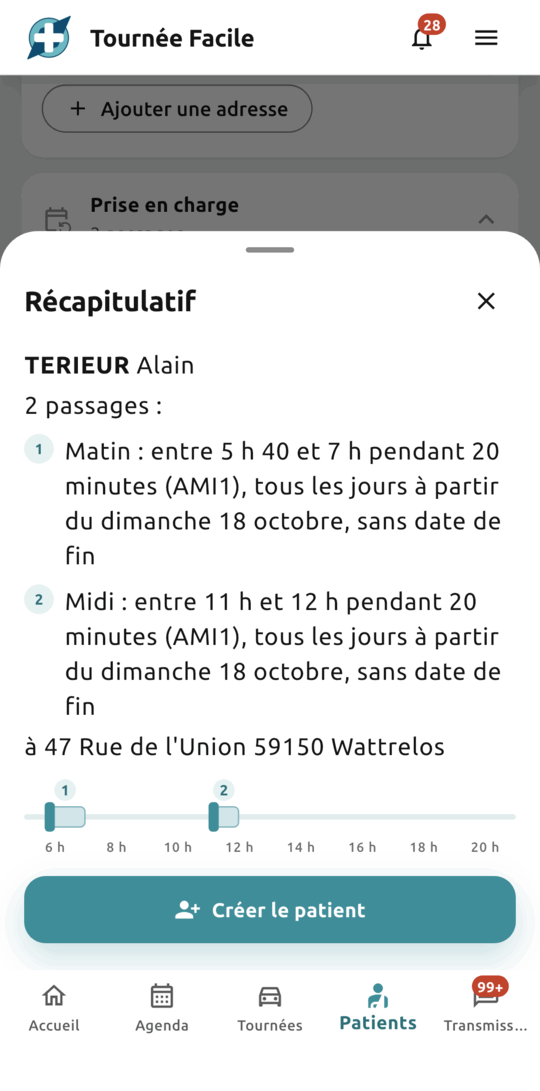 Récapitulatif d’un nouveau patient : deux passages, le matin entre 5 h 40 et 7 h et le midi entre 11 h et 12 h, 20 minutes, injection d’insuline, tous les jours sans date de fin, son adresse et la frise de sa journée