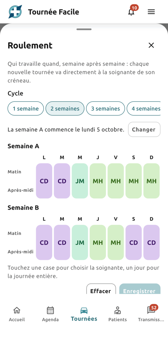 Roulement sur deux semaines : semaine A et semaine B, chaque matin et chaque après-midi à la couleur de sa soignante