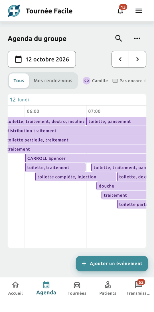 Agenda du cabinet en frise : les rendez-vous du lundi 12 octobre à la couleur de Camille, qui tient la tournée, et le filtre Tous ou Mes rendez-vous