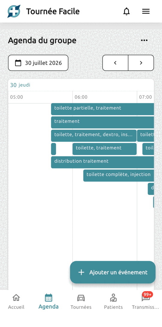 Agenda en vue frise : les soins de la journée placés sur un axe horaire horizontal