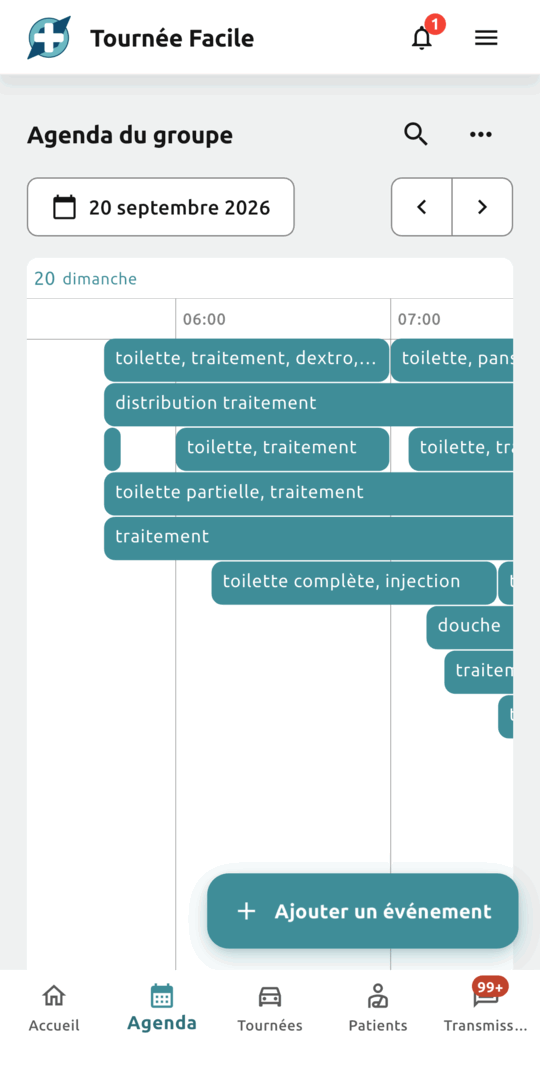 Agenda en vue frise : les soins de la journée placés sur un axe horaire horizontal