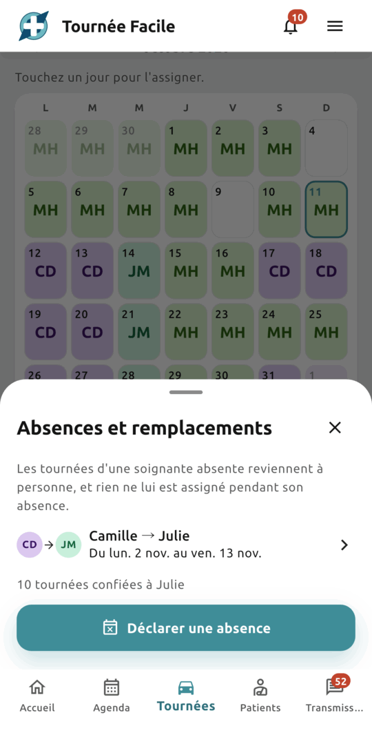 Absences et remplacements : Camille en congés du 2 au 13 novembre, ses dix tournées confiées à Julie