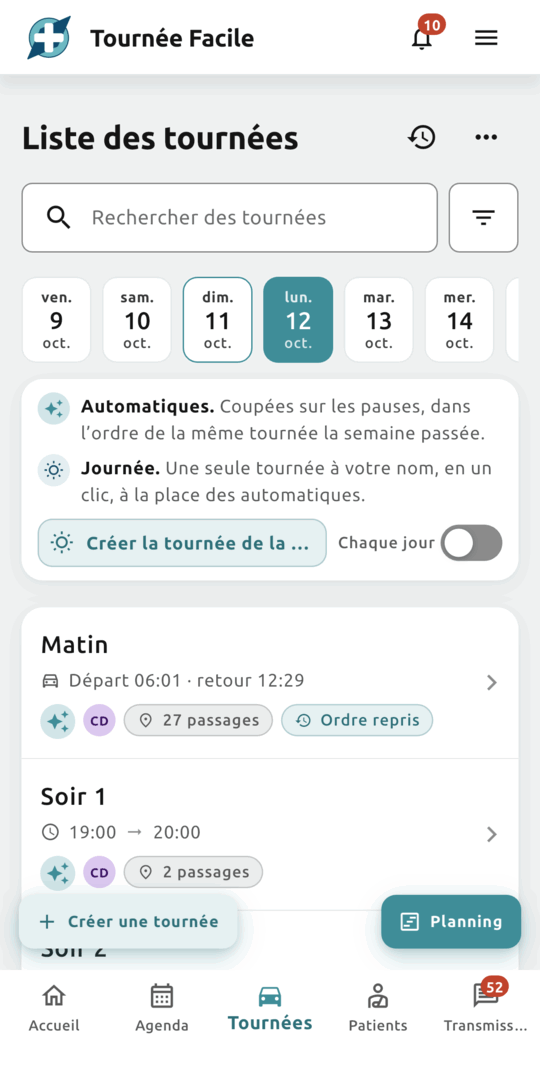 Liste des tournées du lundi 12 octobre : la tournée du matin et deux tournées du soir, toutes aux initiales de Camille