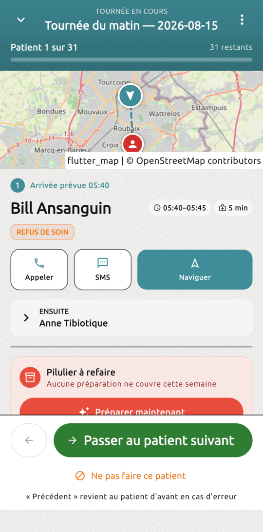 Écran de tournée en cours : carte, patient courant, boutons appeler, SMS et naviguer, passage au patient suivant