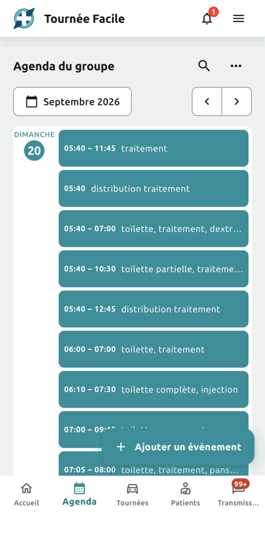 Agenda du cabinet en vue liste : les rendez-vous du jour avec leurs plages horaires et les soins prévus