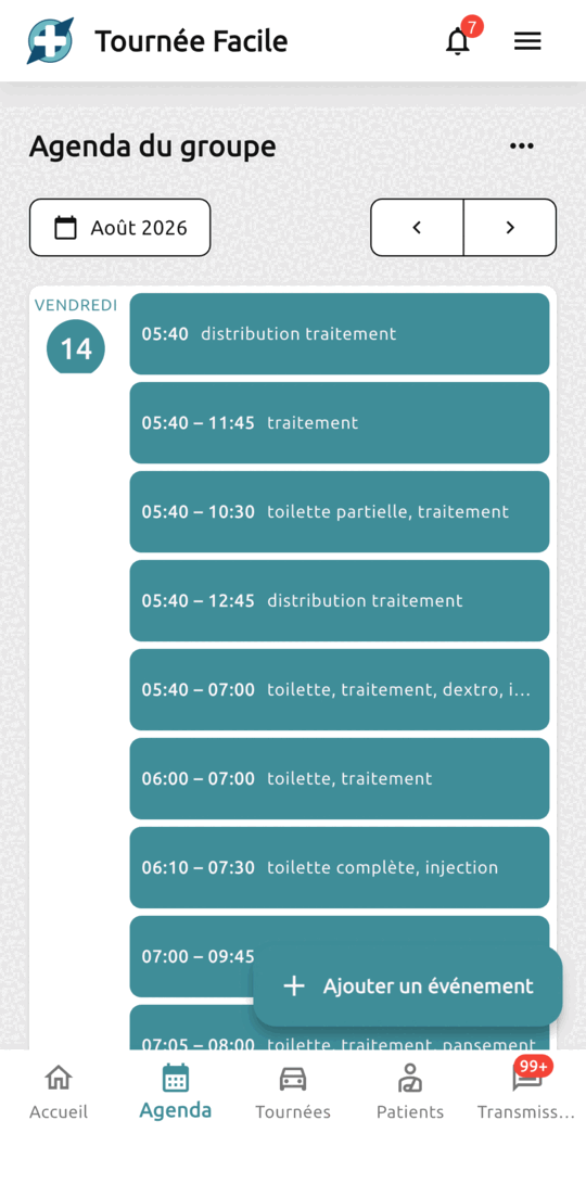 Agenda du cabinet en vue liste : les rendez-vous du jour avec leurs plages horaires et les soins prévus