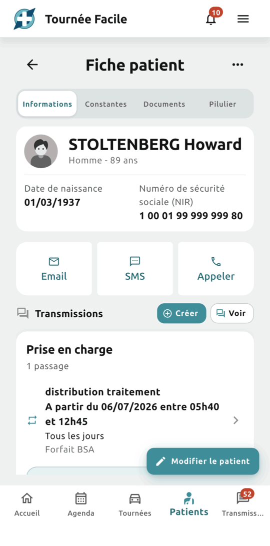 Fiche d’un patient : identité, numéro de sécurité sociale, Email, SMS et Appeler, transmissions, et le bloc Prise en charge avec un passage quotidien entre 5 h 40 et 12 h 45