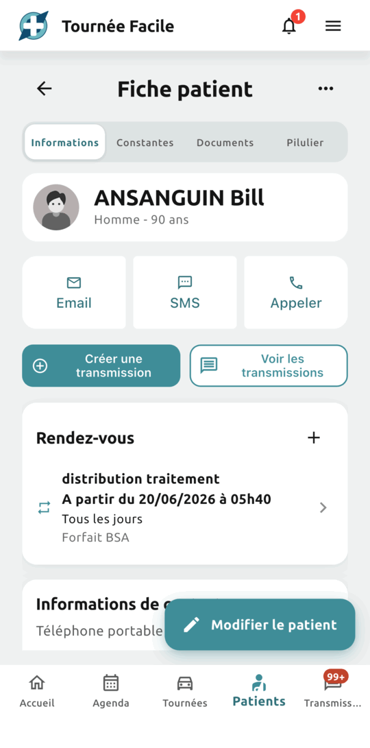 Fiche d’un patient : identité, coordonnées, adresse par défaut, accès aux transmissions