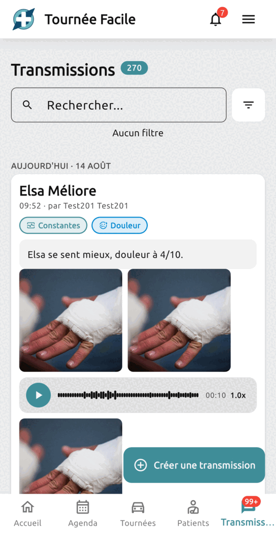 Transmission d’un patient : étiquettes constantes et douleur, note écrite, deux photos d’un pansement et un enregistrement vocal