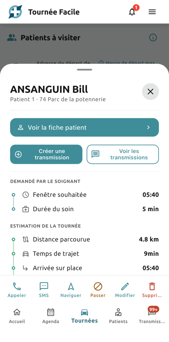 Détail d’un passage : fenêtre souhaitée, durée du soin, distance, temps de trajet, arrivée, attente, début et fin du soin