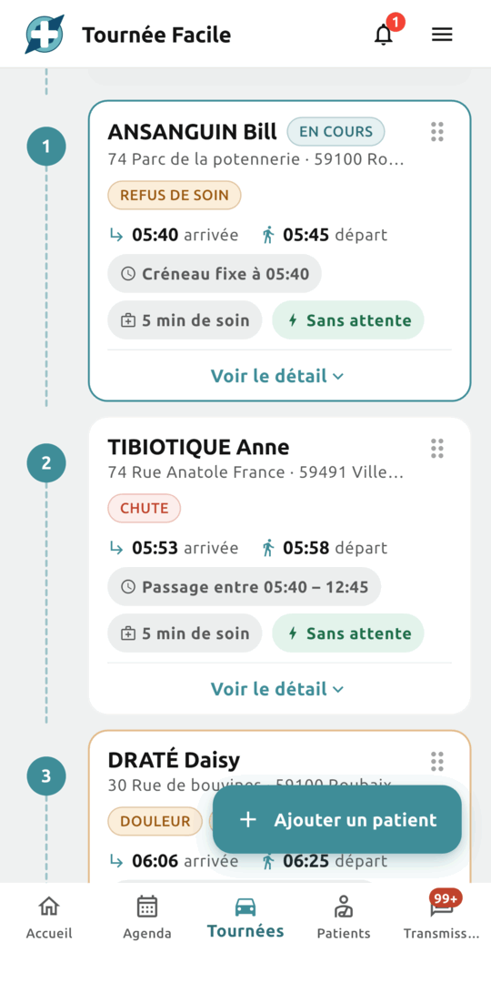 Liste des passages numérotés, avec heure d’arrivée et de départ, plage de passage, durée de soin et temps d’attente